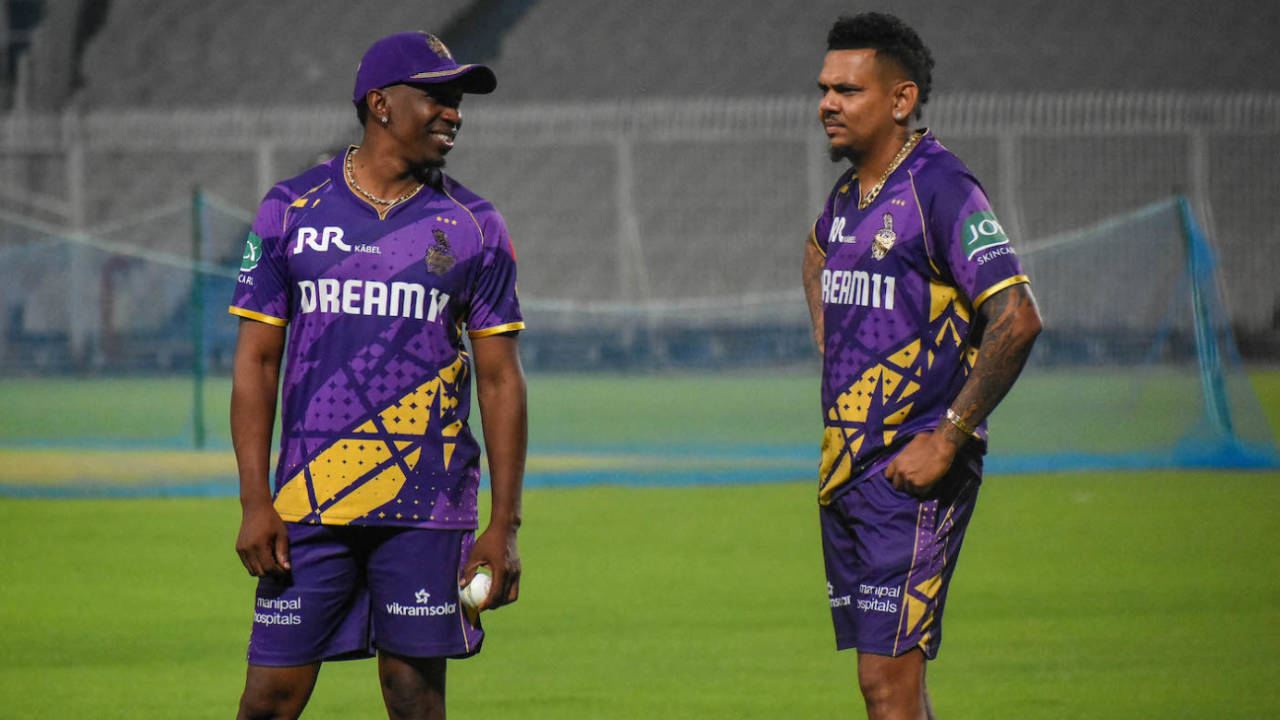 Sunil Narine and KKR mentor Dwayne Bravo talk ahead of IPL 2025, Kolkata, IPL 2025, March 16, 2025