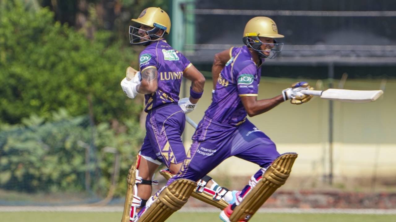 Luvnith Sisodia and Angkrish Raghuvanshi run between the wickets during a practice game, Kolkata, IPL 2025, March 16, 2025