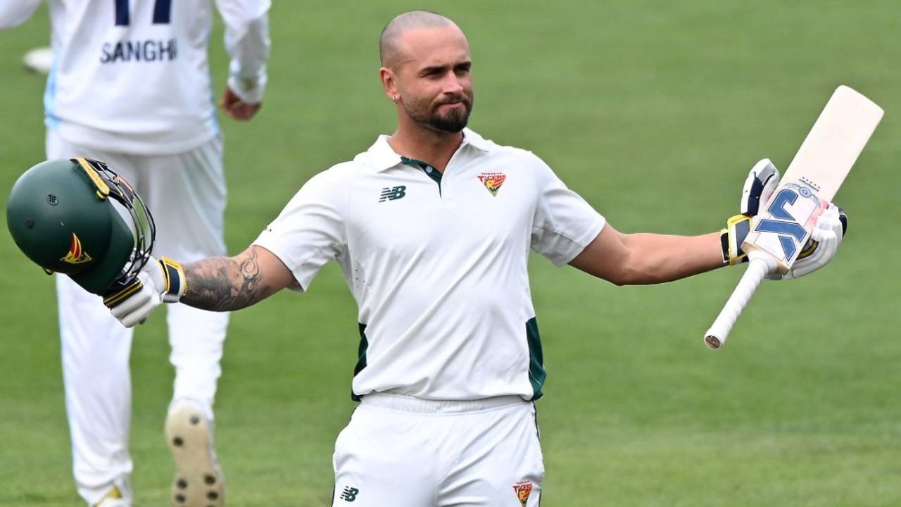 Jake Weatherald celebrates his third century of the season, Tasmania vs New South Wales, Sheffield Shield, Hobart, March 17, 2025