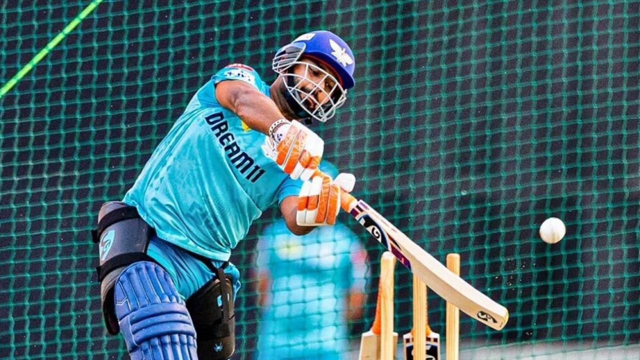 Rishabh Pant bashes the ball during a nets session, Lucknow, March 16, 2025