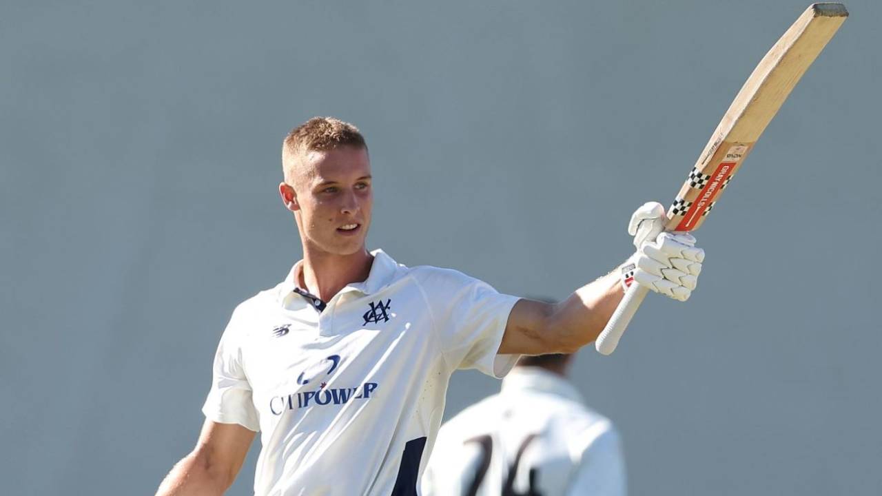 Campbell Kellaway celebrates his second Shield century, Western Australia vs Victoria, Sheffield Shield, WACA ground, March 17, 2025 
