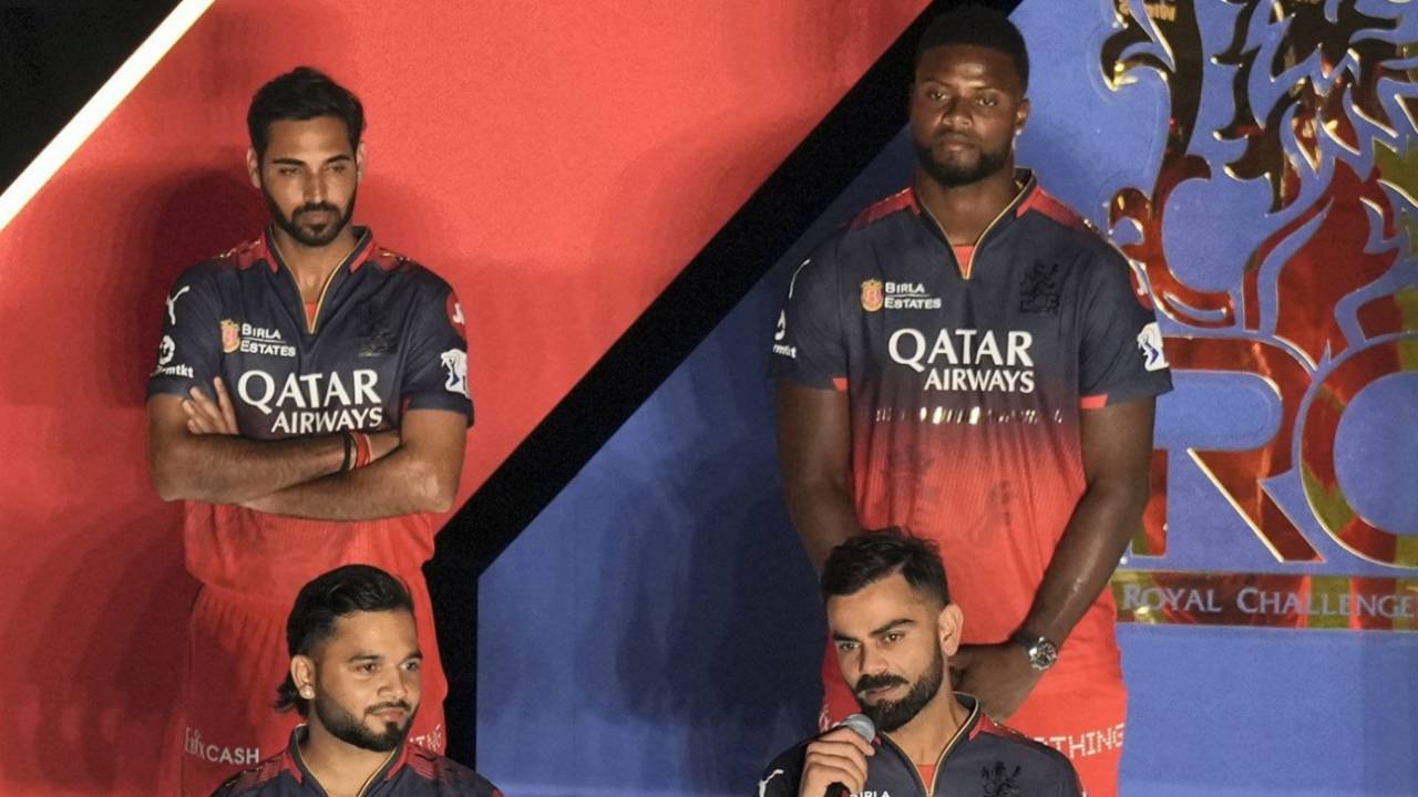 Bhuvneshwar Kumar, Romario Shepherd, Suyash Sharma and Virat Kohli at RCB unbox event, Bengaluru, March 17, 2025