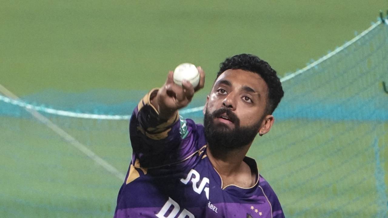 Varun Chakravarthy bowls at the KKR nets, Kolkata, March 18, 2025