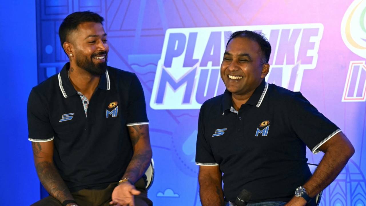 Hardik Pandya and Mahela Jayawardene share a laugh at a press meet, Mumbai, March 19, 2025