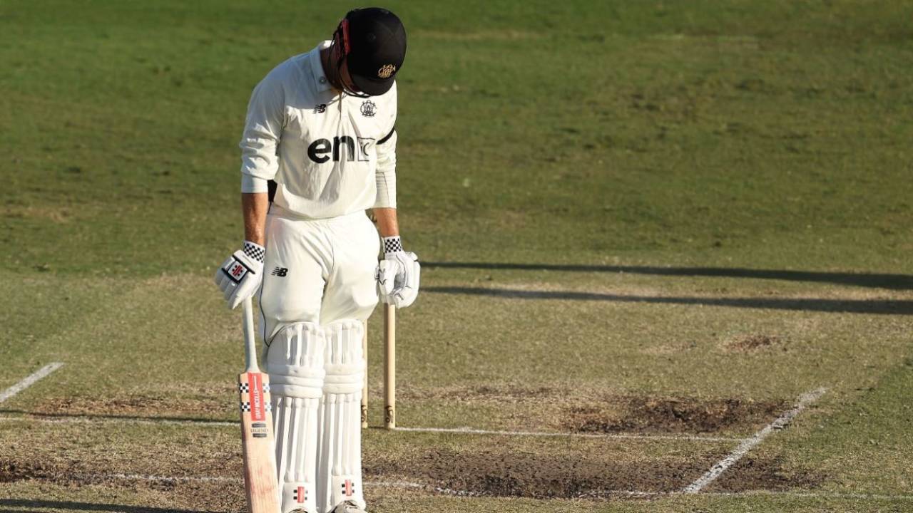 Cooper Connolly bows his head after being dismissed, Western Australia vs Victoria, Sheffield Shield, WACA ground, March 18, 2025 