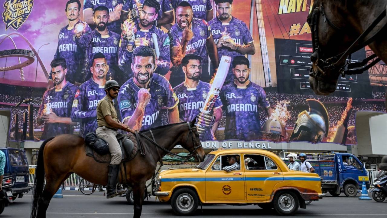 A familiar sight - mounted policemen standing guard outside Eden Gardens as a yellow Ambassador taxi passes by, Kolkata Knight Riders vs Royal Challengers Bengaluru, IPL 2025, Kolkata, March 20, 2025