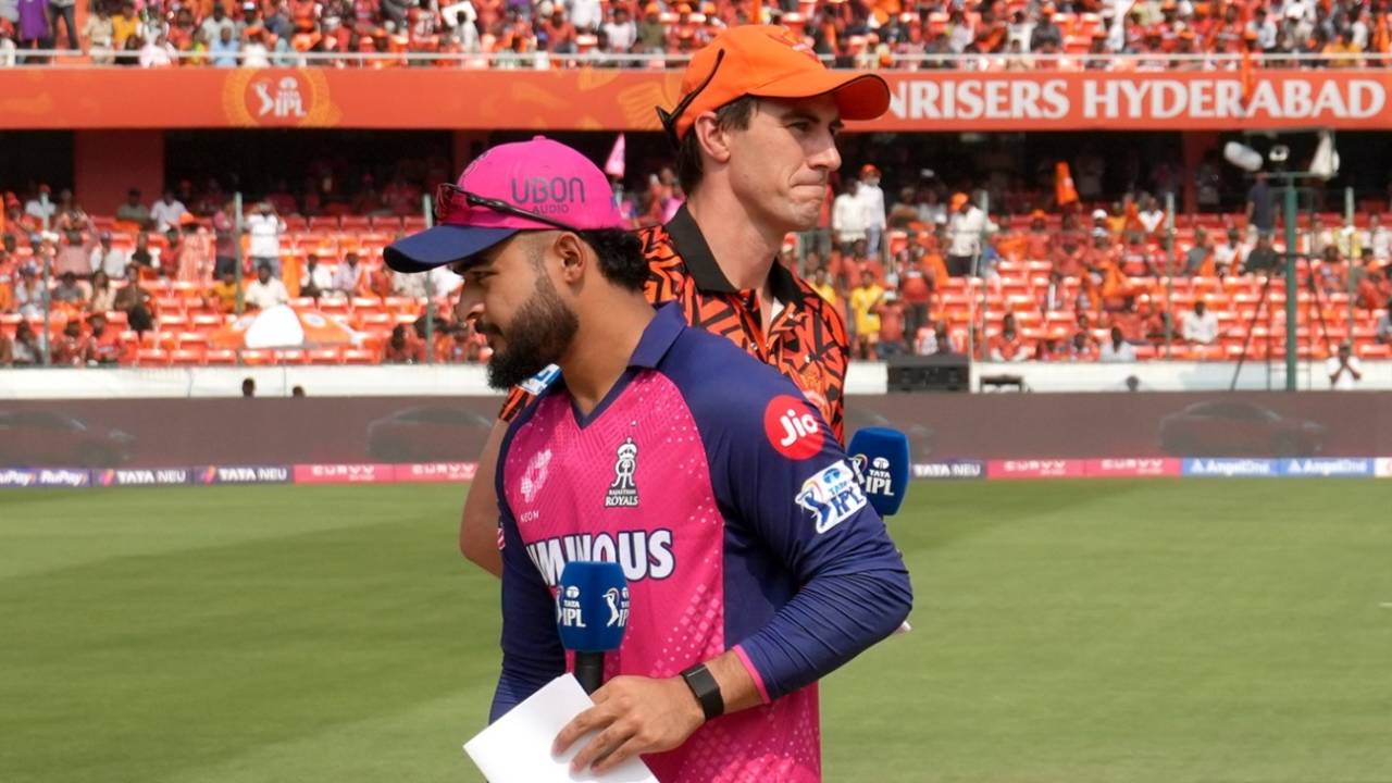 Captains Riyan Parag and Pat Cummins at the toss, Sunrisers Hyderabad vs Rajasthan Royals, IPL 2025, Hyderabad, March 23, 2025
