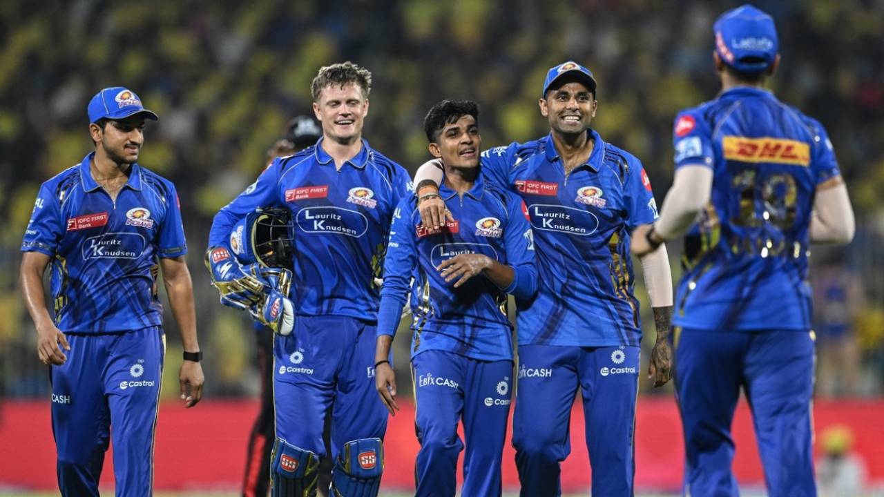Vignesh Puthur is mobbed by his team-mates, Chennai Super Kings vs Mumbai Indians, IPL 2025, Chennai, March 23, 2025