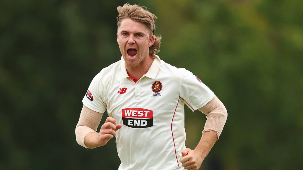 Henry Thornton celebrates a breakthrough, Victoria vs South Australia, Sheffield Shield, Junction Oval, March 6, 2025