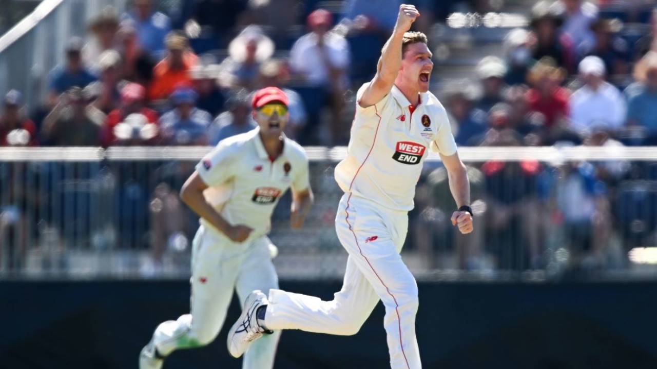 Brendan Doggett celebrates a wicket, South Australia vs Queensland, Sheffield Shield final, Karen Rolton Oval, March 26, 2025