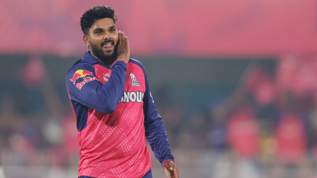 Wanindu Hasaranga celebrates dismissing Ajinkya Rahane, Rajasthan Royals vs Kolkata Knight Riders, IPL 2025, Guwahati, March 26, 2025