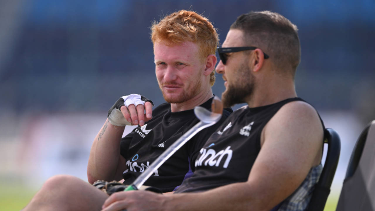 Jordan Cox and Brendon McCullum in the nets at Multan, October 2024
