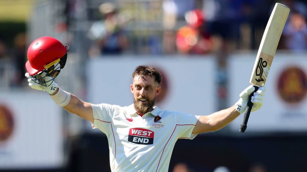 Jake Lehmann celebrates his century, South Australia vs Queensland, Sheffield Shield final, Karen Rolton Oval, March 27, 2025