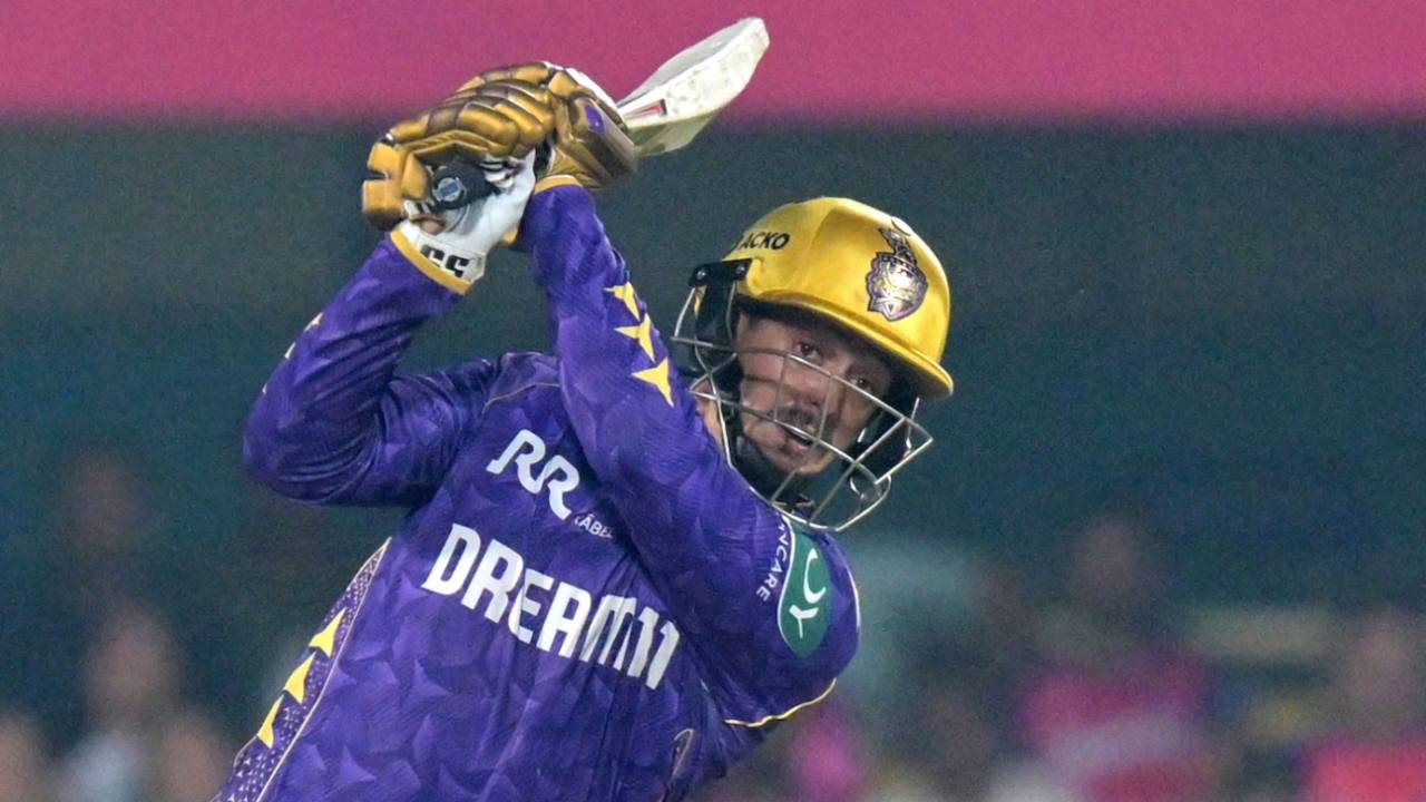 Quinton de Kock bashes the ball down the ground, Rajasthan Royals vs Kolkata Knight Riders, IPL 2025, Guwahati, March 26, 2025