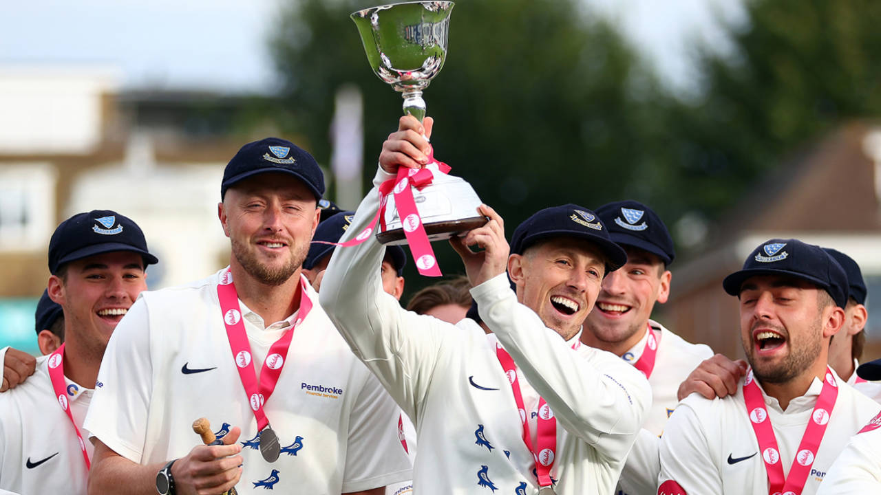 John Simpson holds the Division Two trophy aloft, Sussex vs Middlesex, County Championship, Hove, September 29, 2024