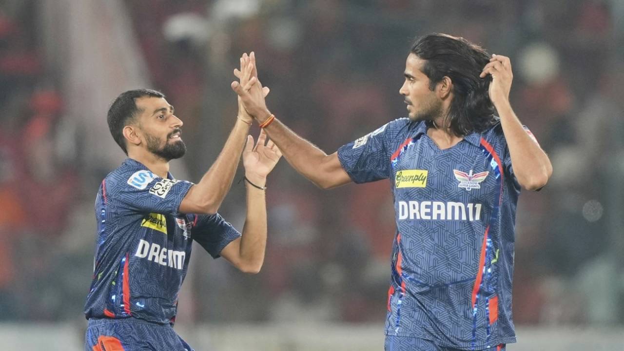 Prince Yadav and Digvesh Rathi celebrate a wicket, Sunrisers Hyderabad vs Lucknow Super Giants, IPL 2025, Hyderabad, March 27, 2025