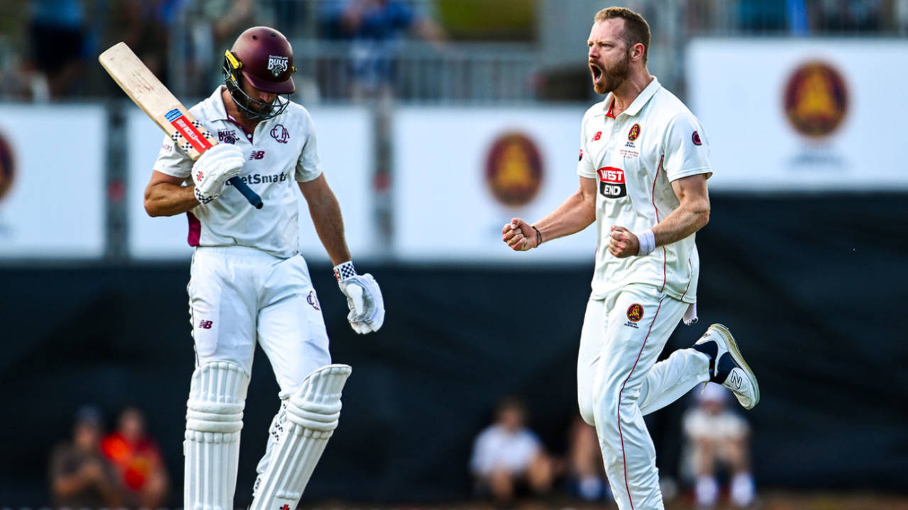 Nathan McAndrew removed Michael Neser with the last ball before lunch, South Australia vs Queensland, Sheffield Shield final, Karen Rolton Oval, March 28, 2025