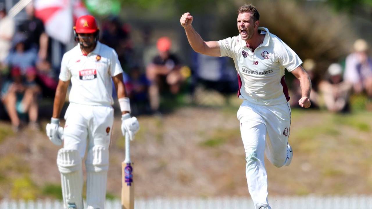 Mark Steketee celebrates dismissing Nathan McSweeney, South Australia vs Queensland, Sheffield Shield final, Karen Rolton Oval, March 29, 2025