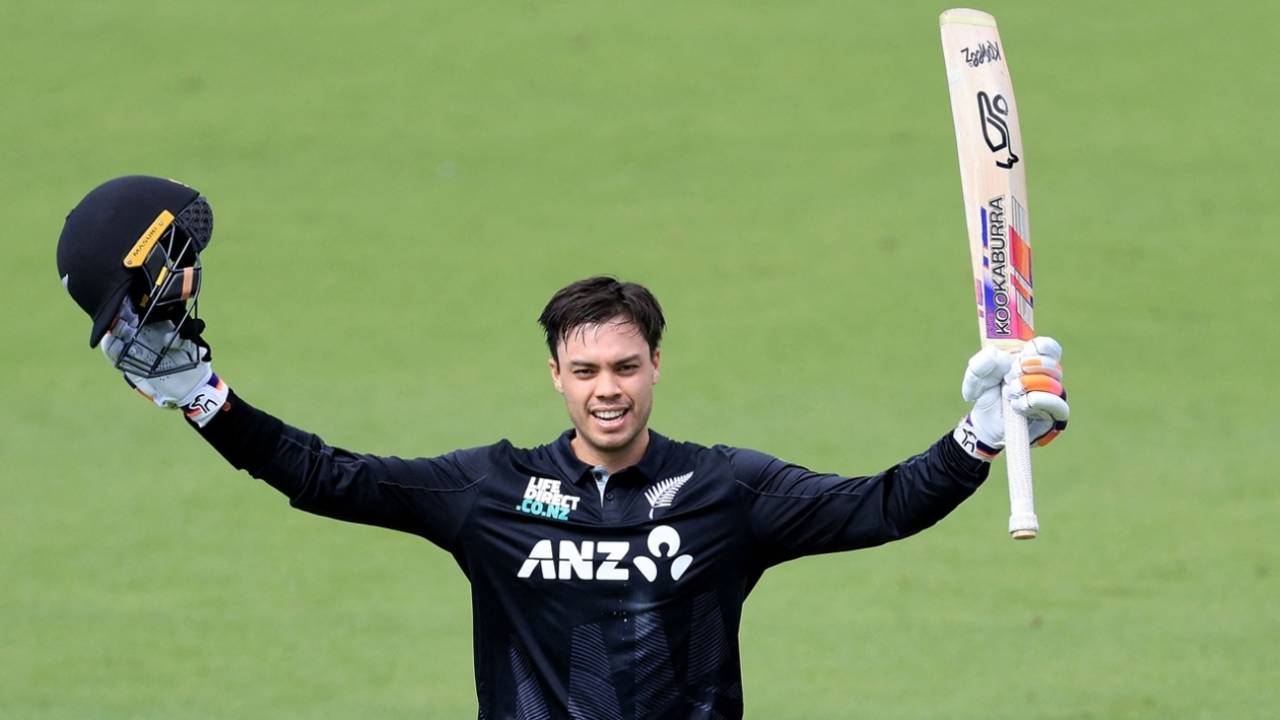 Mark Chapman celebrates his hundred, New Zealand vs Pakistan, 1st ODI, Napier, March 29, 2025