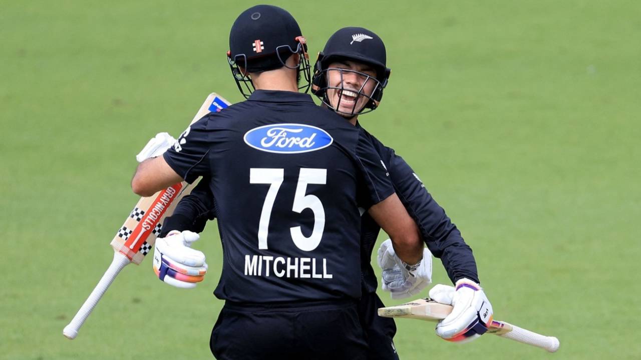Mark Chapman and Daryl Mitchell embrace, New Zealand vs Pakistan, 1st ODI, Napier, March 29, 2025