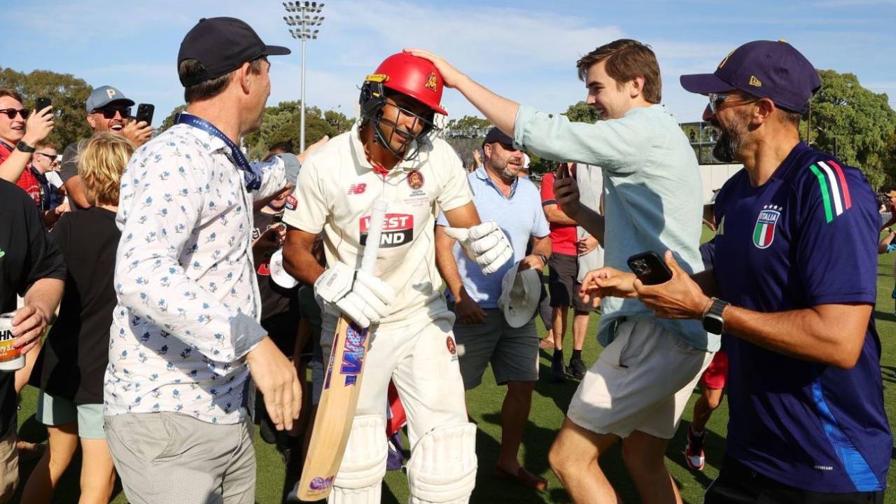 Fans mobbed Jason Sangha after he hit the winning runs, South Australia vs Queensland, Sheffield Shield final, Karen Rolton Oval, March 29, 2025