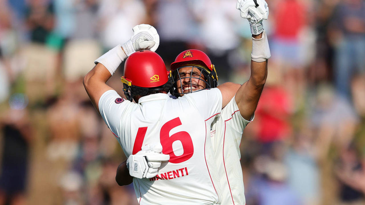 Jason Sangha and Ben Manenti embrace as the Shield is secured, South Australia vs Queensland, Sheffield Shield final, Karen Rolton Oval, March 29, 2025