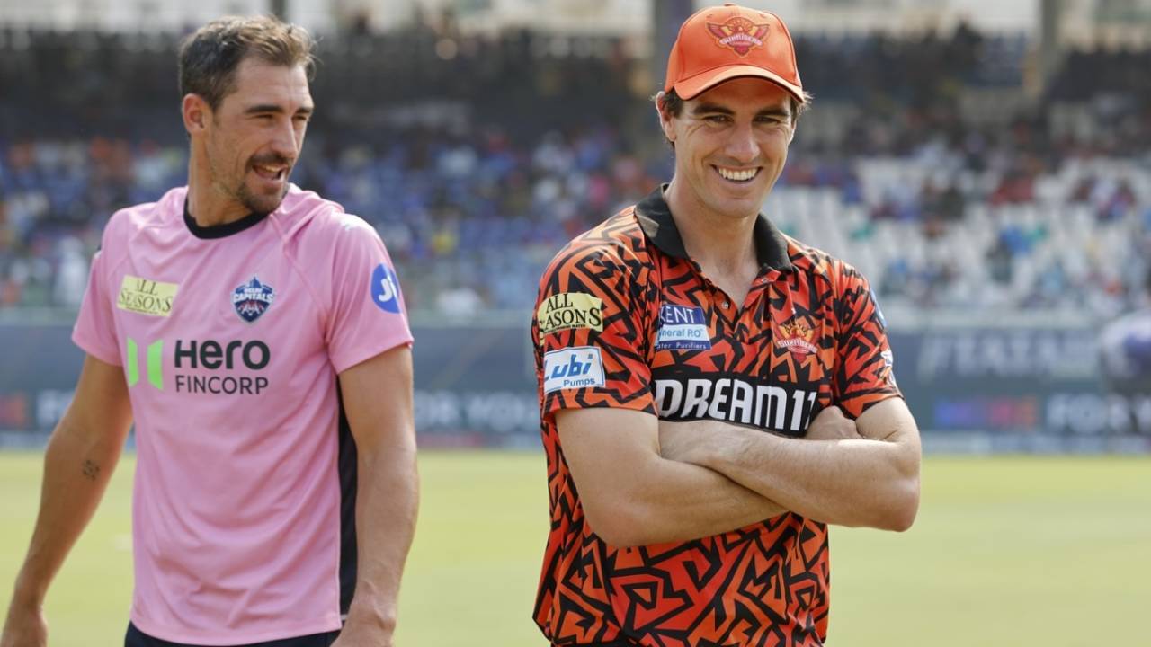 Mitchell Starc and Pat Cummins catch up before the match, Delhi Capitals vs Sunrisers Hyderabad, IPL 2025, Visakhapatnam, March 30, 2025