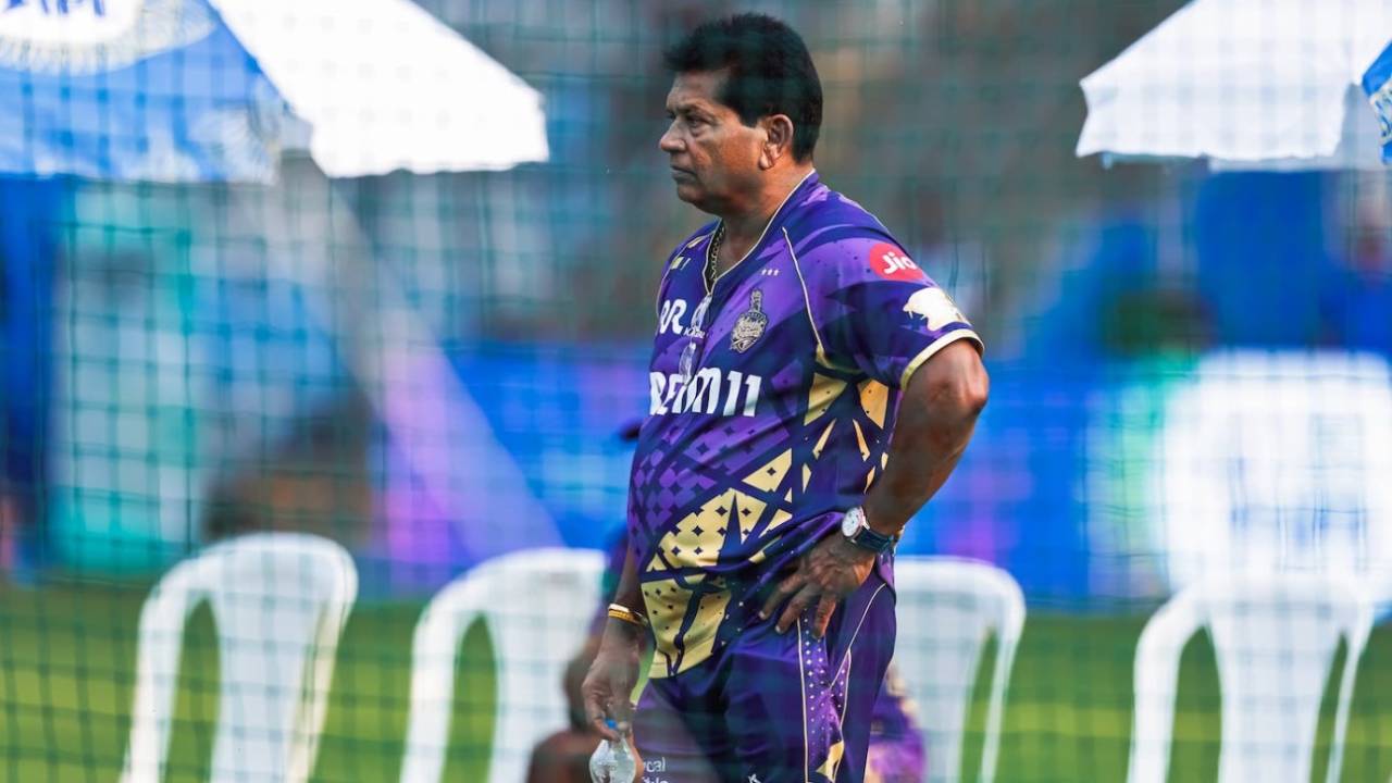 KKR coach Chandrakant Pandit watches on, Mumbai Indians vs Kolkata Knight Riders, IPL 2025, Mumbai, March 30, 2025