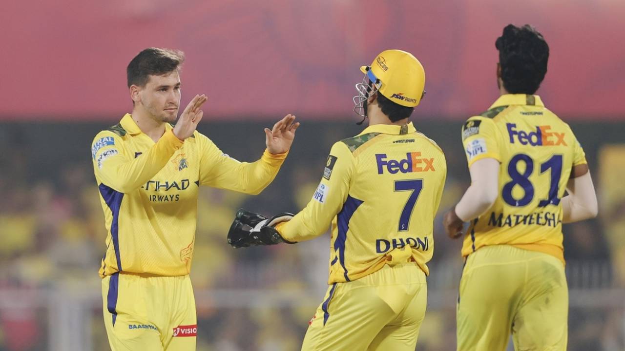 MS Dhoni and Noor Ahmed celebrate the fall of Sanju Samson, Rajasthan Royals vs Chennai Super Kings, IPL 2025, Guwahati, March 30, 2025