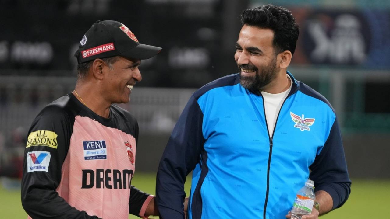 Sunil Joshi and Zaheer Khan share a light moment, IPL 2025, Lucknow, March 30, 2025