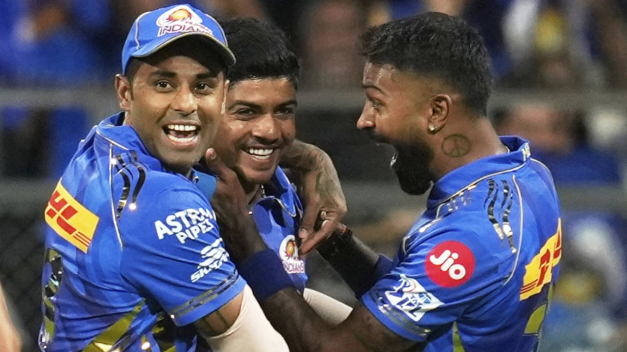 Ashwani Kumar is mobbed by Suryakumar Yadav and Hardik Pandya after his first-ball strike, Mumbai Indians vs Kolkata Knight Riders, IPL, Mumbai, March 31, 2025