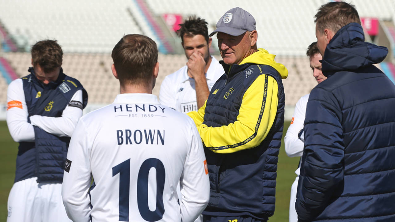 Adi Birrell talks to Hampshire's players at their pre-season media day, Utilita Bowl, April 1, 2025