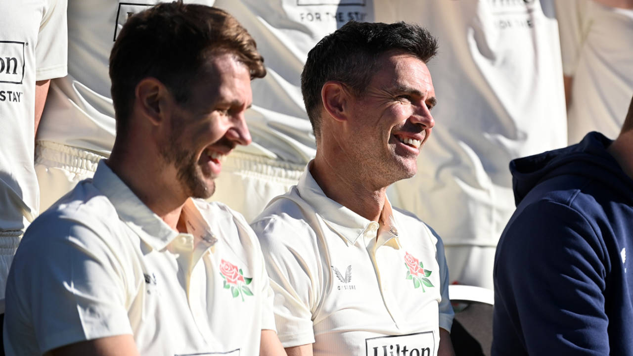 James Anderson is all smiles for the Lancashire team photo, Old Trafford, April 1, 2025