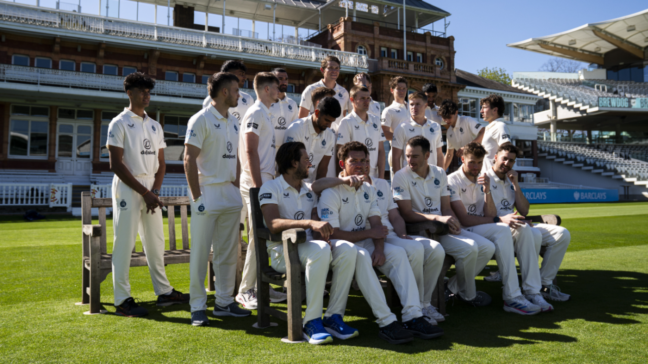 The Middlesex squad lines up for its Championship photo-call, Lord's, April 2, 2025