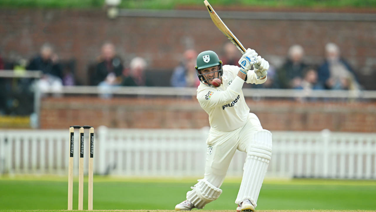 Gareth Roderick punches a drive, Somerset vs Worcestershire, County Championship, Division One, Taunton, 1st day, April 4, 2025