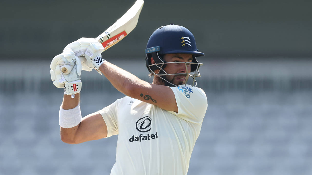 Max Holden carves the ball away, Middlesex vs Lancashire, County Championship, Division Two, Lord's, 1st day, April 4, 2025