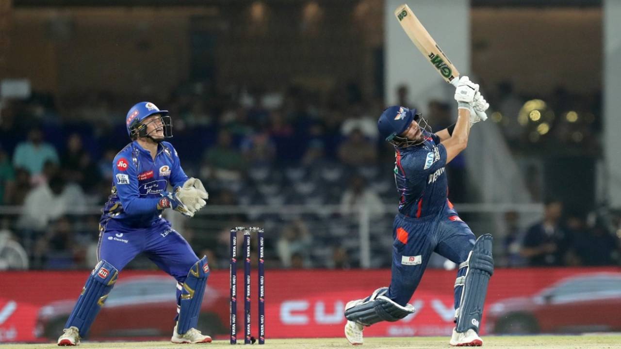 Ryan Rickelton watches the ball fly off Aiden Markram's bat, Lucknow Super Giants vs Mumbai Indians, IPL 2025, Lucknow, April 4, 2025