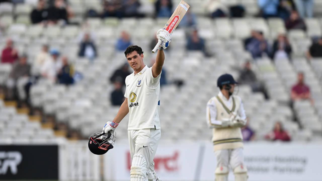 Tom Clark raises his bat on reaching a century, Warwickshire vs Sussex, County Championship, Division One, Edgbaston, 1st day, April 5, 2025