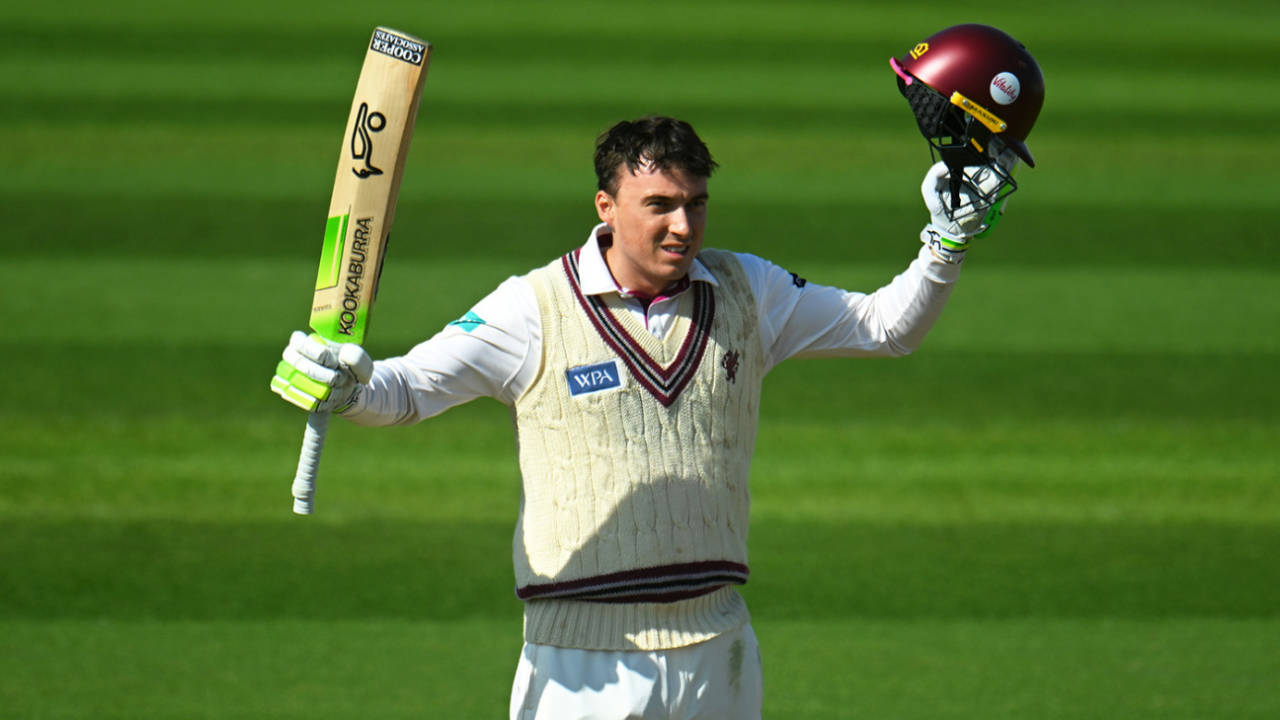 Tom Banton celebrates his hundred, Somerset vs Worcestershire, County Championship, Division One, Taunton, 1st day, April 5, 2025