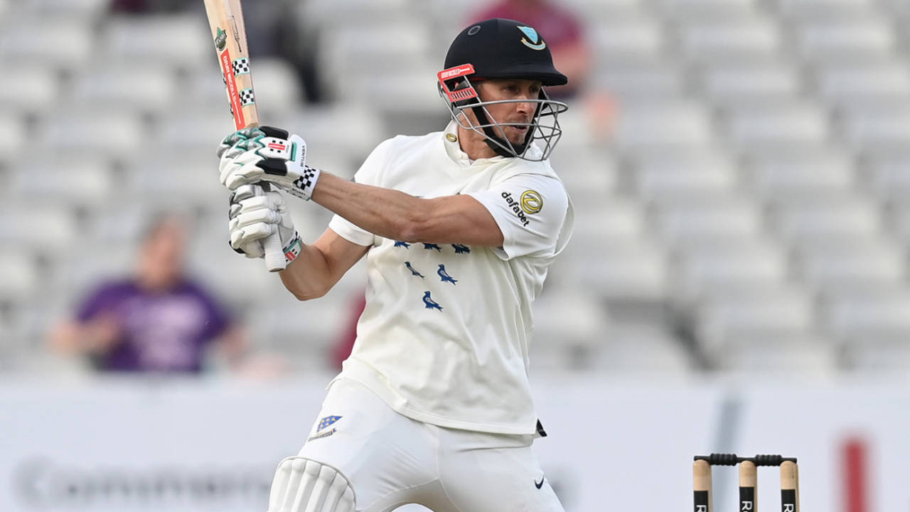 John Simpson cuts on his way to a hundred, Warwickshire vs Sussex, County Championship, Division One, Edgbaston, 1st day, April 5, 2025