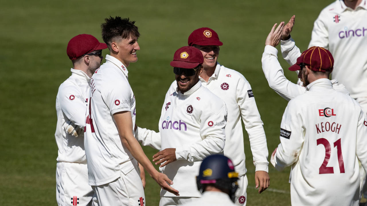 Raphael Weatherall produced a triple-wicket burst, Northamptonshire vs Kent, County Championship, Division Two, Wantage Road, 2nd day, April 5, 2025