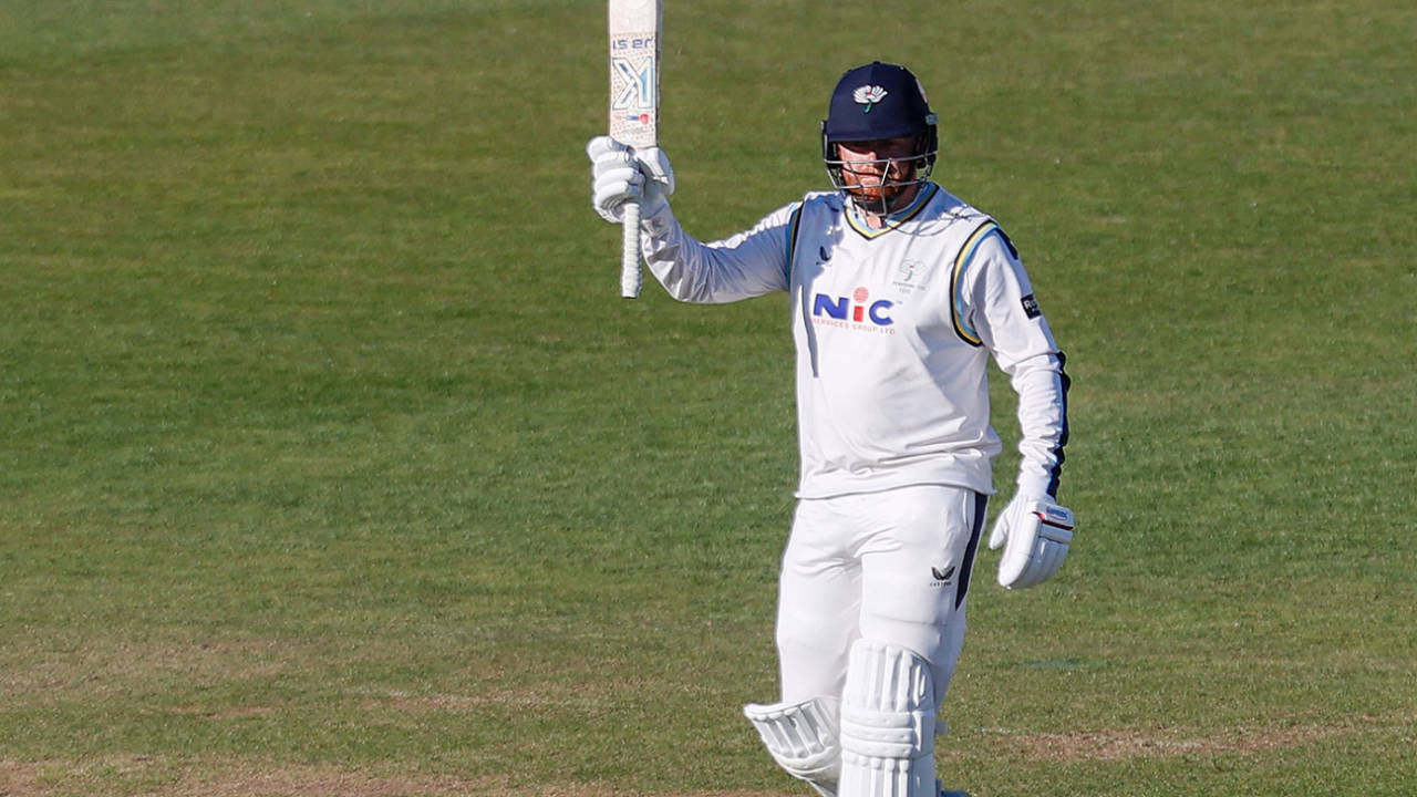 Jonny Bairstow raises his bat on reaching fifty, Hampshire vs Yorkshire, County Championship, Division One, Utilita Bowl, April 5, 2025
