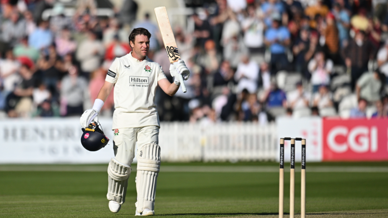 Marcus Harris raises his bat to acknowledge his century on debut, Middlesex vs Lancashire, County Championship, Division Two, Lord's, 2nd day, April 5, 2025