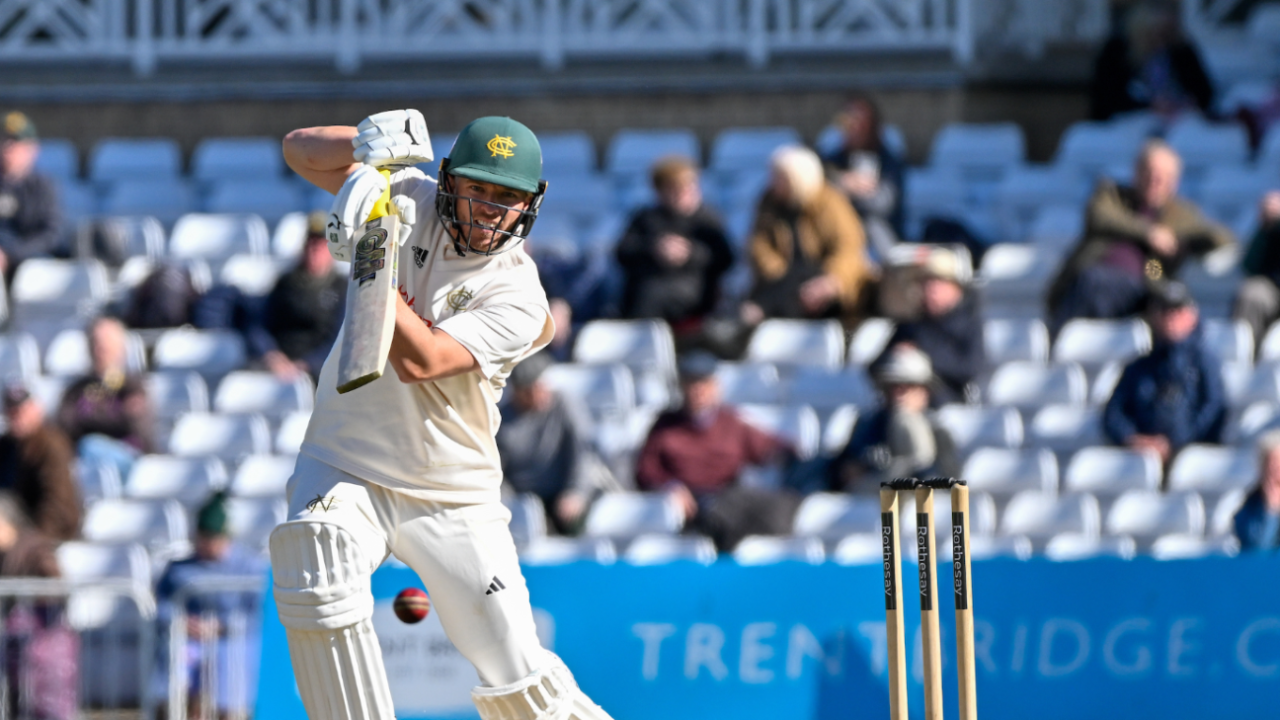 Ben Slater drives the ball through the off side on the way to his 92, Nottinghamshire vs Durham, County Championship, Division One, Trent Bridge, April 5, 2025