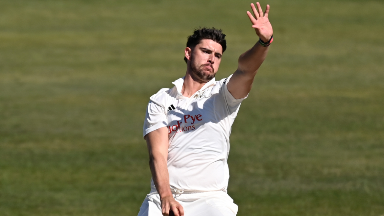 Josh Tongue bowls during his first outing for Nottinghamshire, Nottinghamshire vs Durham, County Championship Division One, Trent Bridge, April 7, 2025