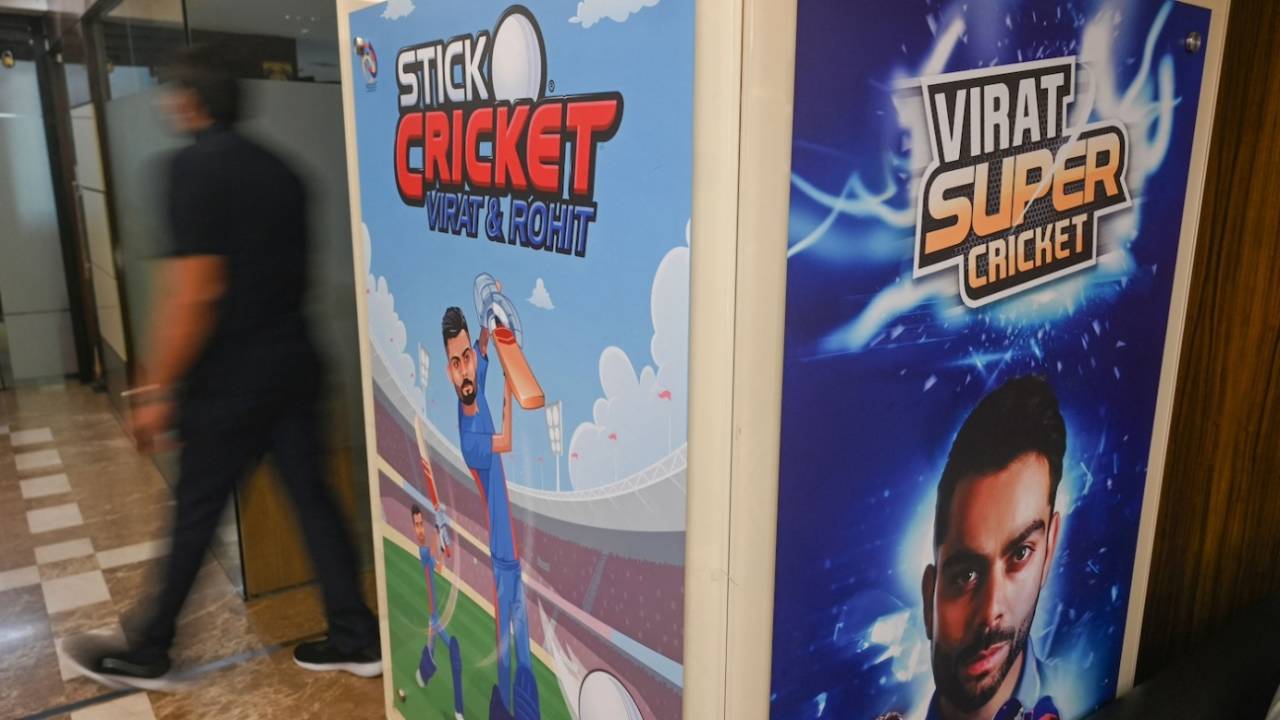 Posters featuring Virat Kohli and Rohit Sharma at  Nazara Technologies Ltd, a mobile cricket gaming app maker, Mumbai, March 19, 2021