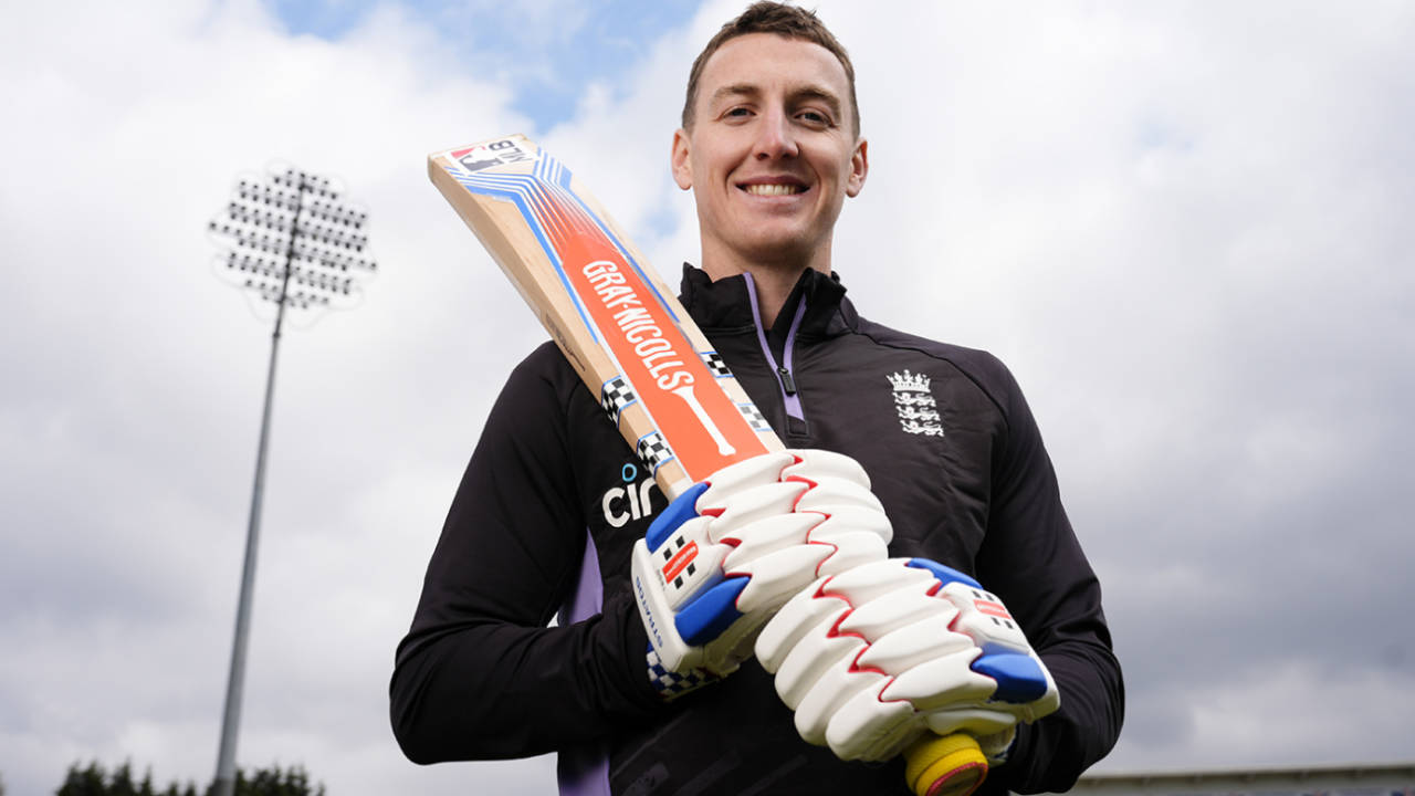 Harry Brook poses at his unveiling as England white-ball captain, Headingley, April 9, 2025