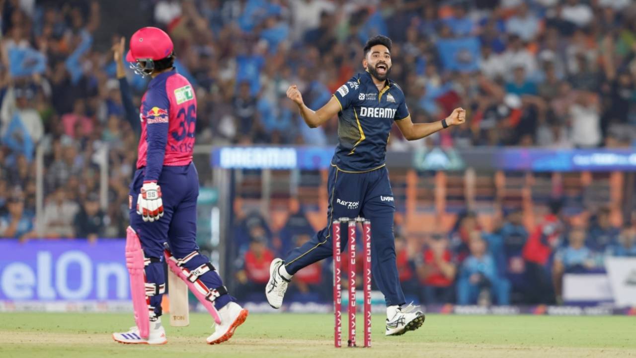 Mohammed Siraj exults after dismissing Nitish Rana, Gujarat Titans vs Rajasthan Royals, IPL 2025, Ahmedabad, April 9, 2025