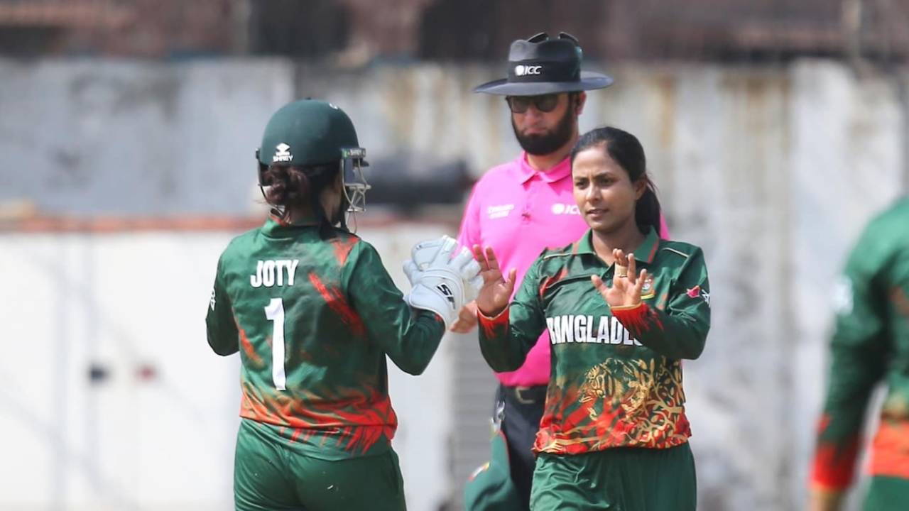 Jannatul Ferdus celebrates one of her five wickets with her captain, Bangladesh vs Thailand, Women's World Cup Qualifiers, Lahore, April 10, 2025