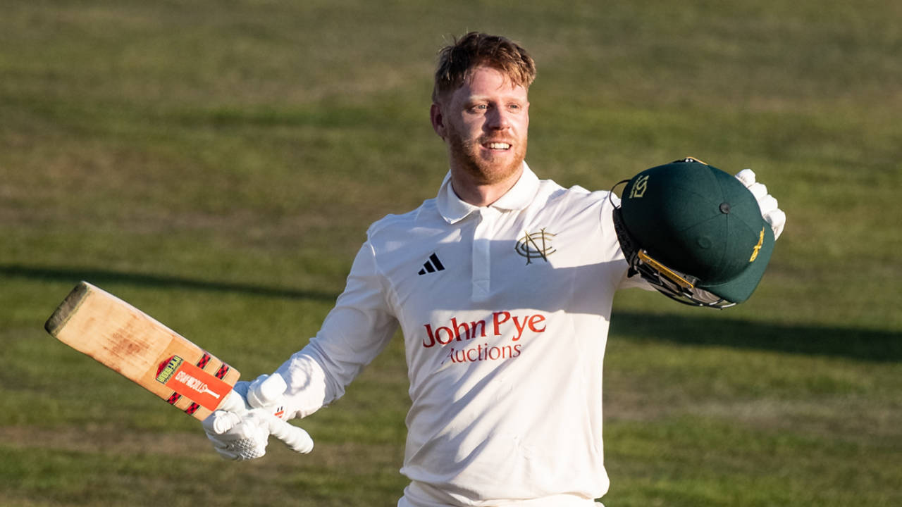 Kyle Verreynne acknowledges the applause on reaching his century, Nottinghamshire vs Essex, County Championship, Division One, Trent Bridge, April 11, 2025